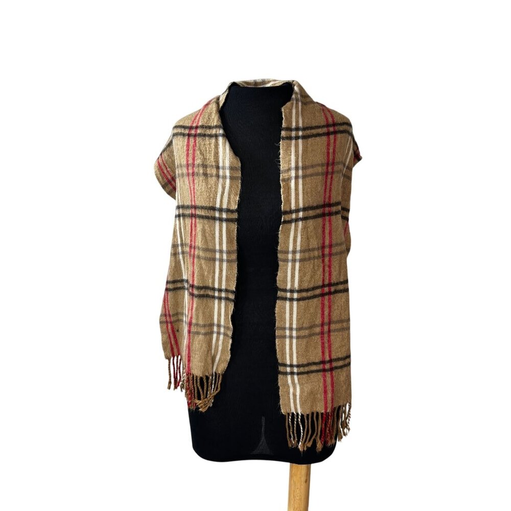 Plaid Pattern Beige Red & Black Fringe Scarf By Cejon 56" X 10" Acrylic Blend Ma